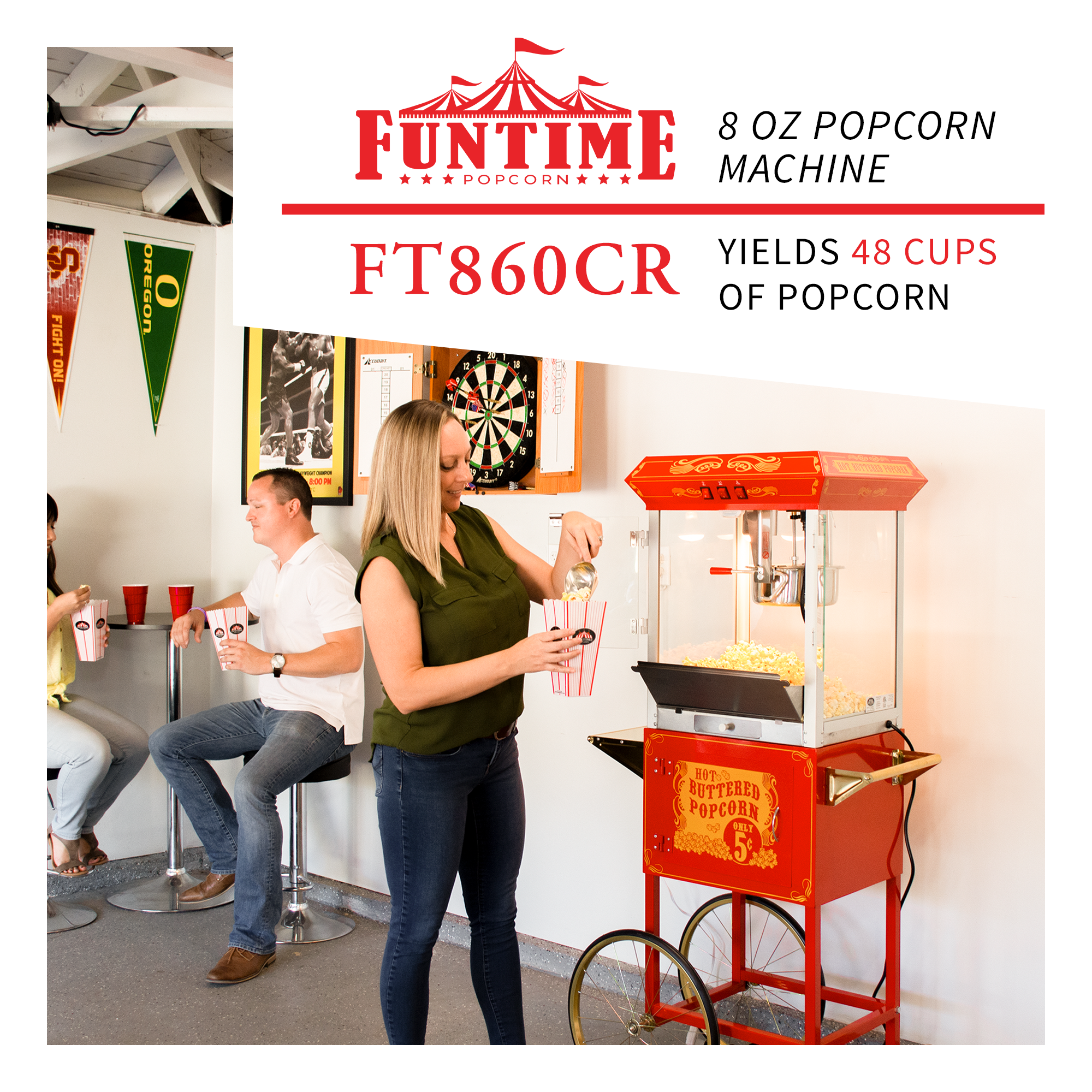 FunTime Sideshow 8oz Popcorn Machine with Cart, Red/Gold 