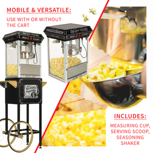 FunTime FT862CBG 8oz Black Popcorn Popper Machine Maker Cart Vintage Style